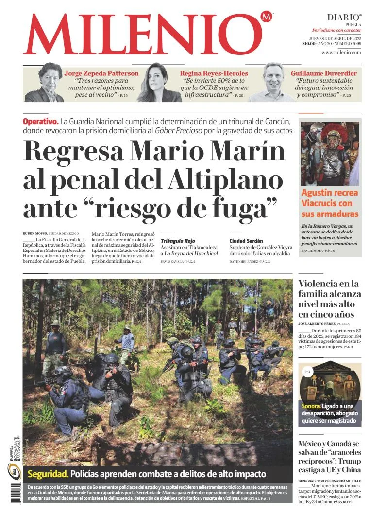 Portada de Milenio Puebla del jueves, 3 de abril de 2025