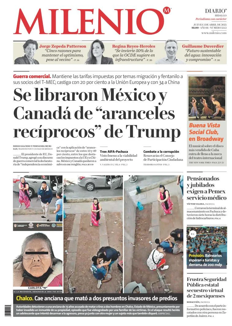 Portada de Milenio Hidalgo del jueves, 3 de abril de 2025