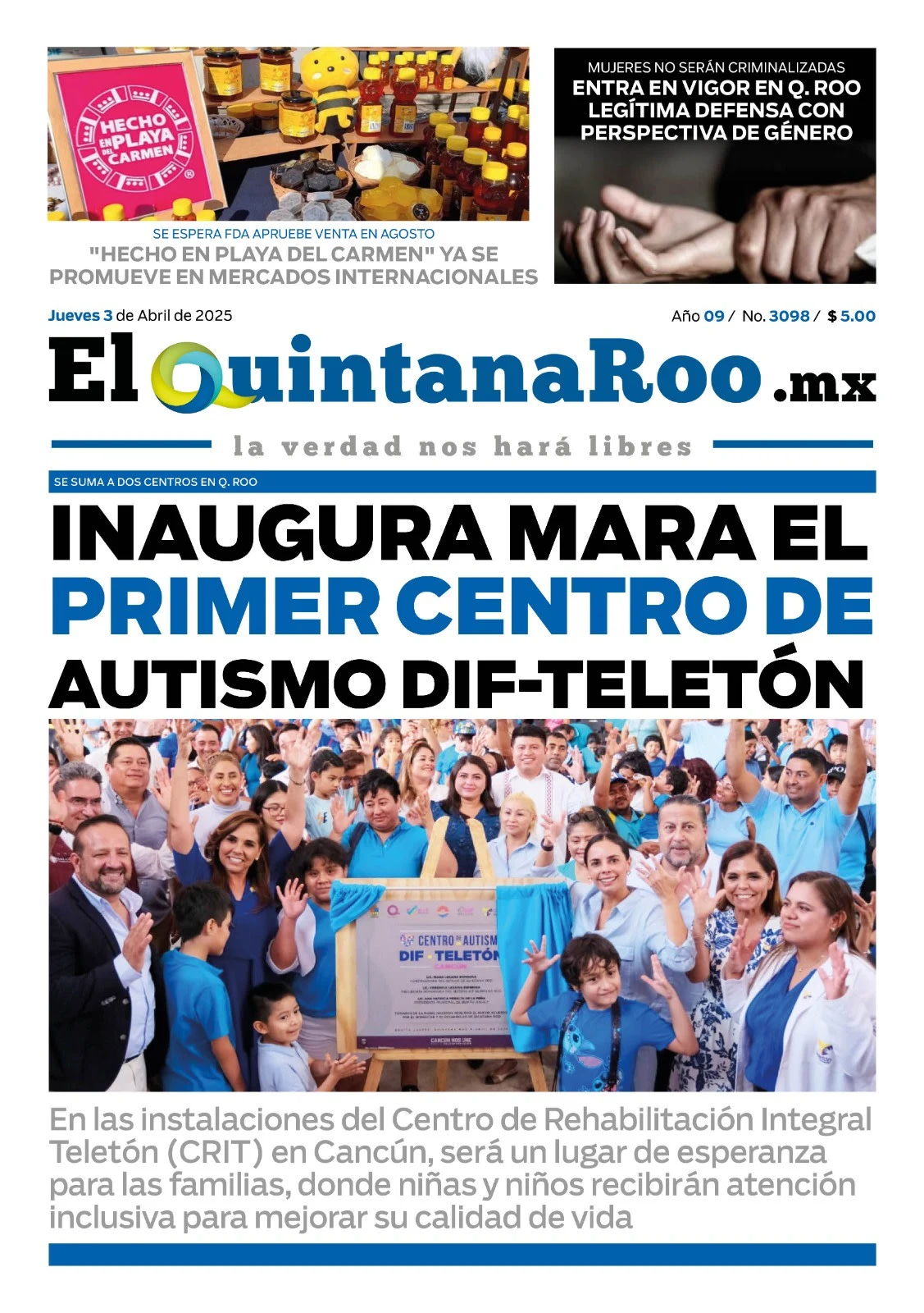 Portada de El Quintana Roo (portada) del jueves, 3 de abril de 2025