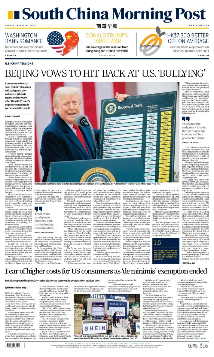 Portada de South China Morning Post del viernes, 4 de abril de 2025