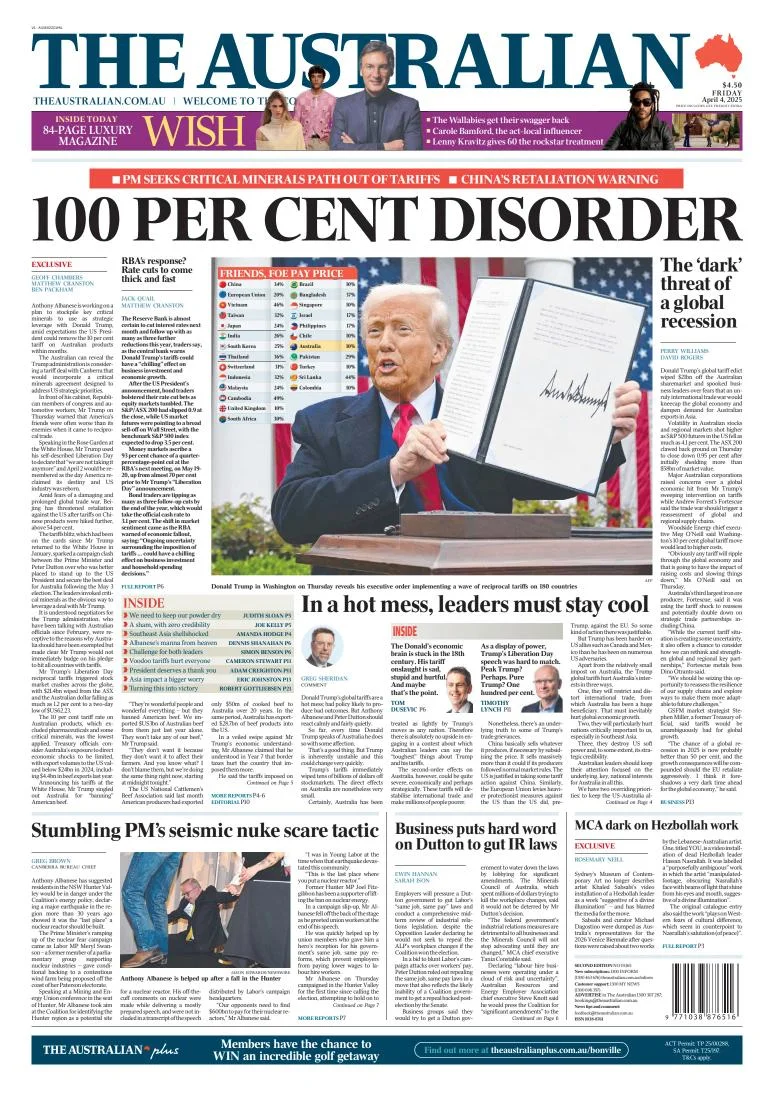 Portada de The Australian del viernes, 4 de abril de 2025