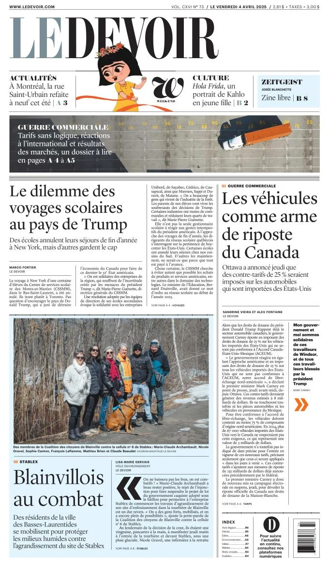 Portada de Le Devoir del viernes, 4 de abril de 2025