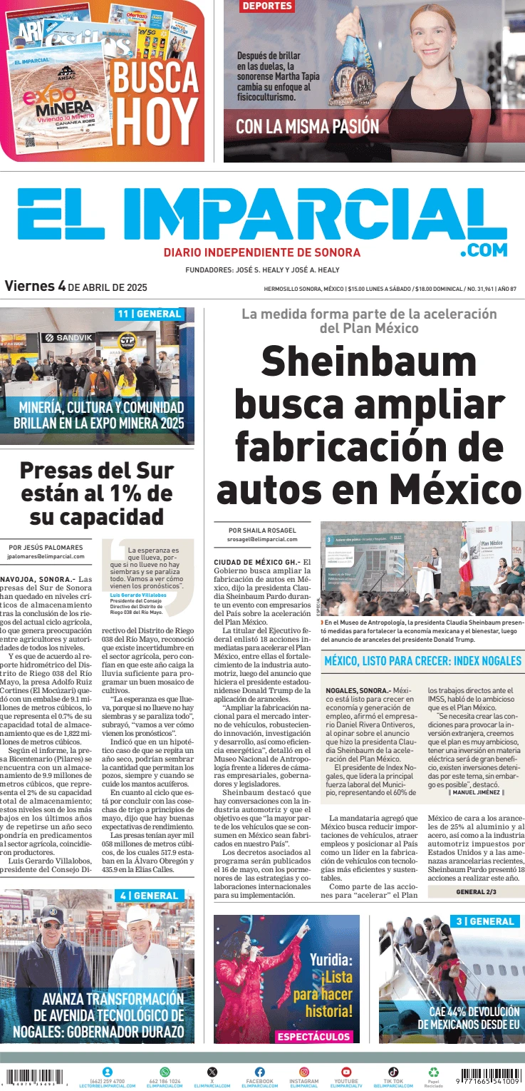Portada de El Imparcial del viernes, 4 de abril de 2025