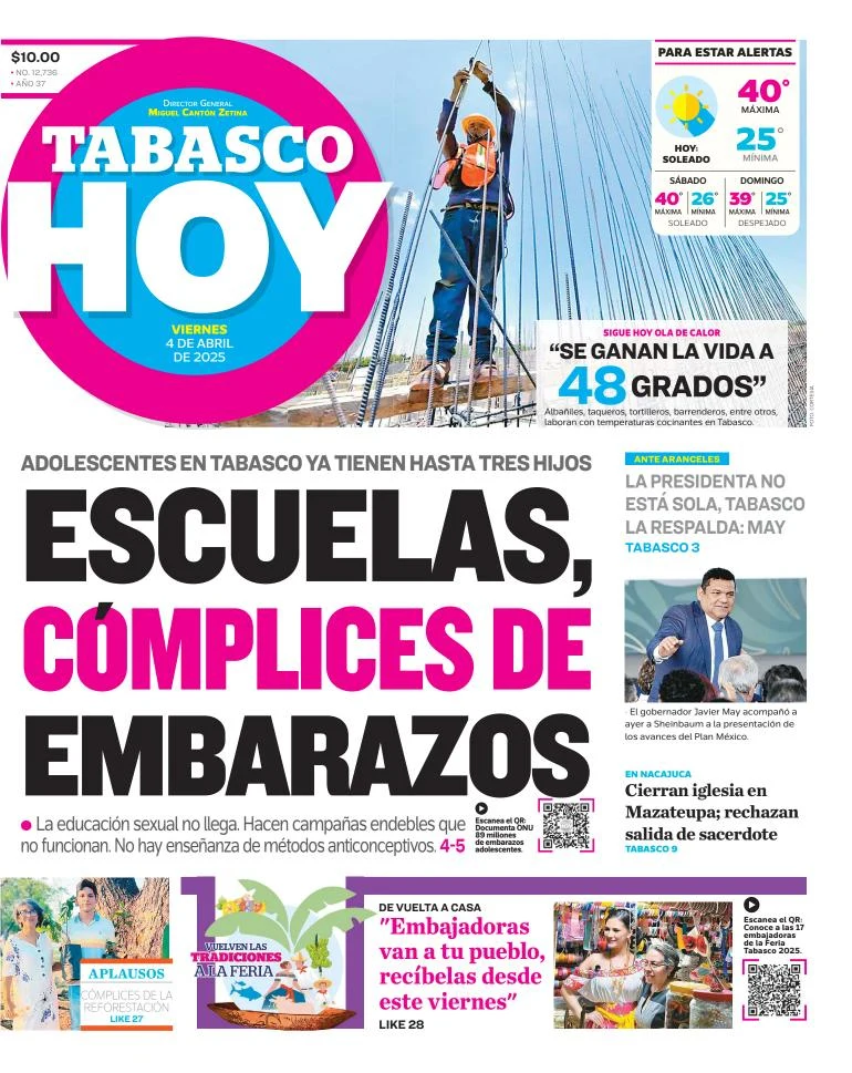 Portada de Tabasco Hoy del viernes, 4 de abril de 2025