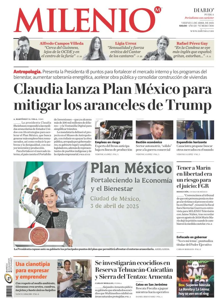 Portada de Milenio Puebla del viernes, 4 de abril de 2025