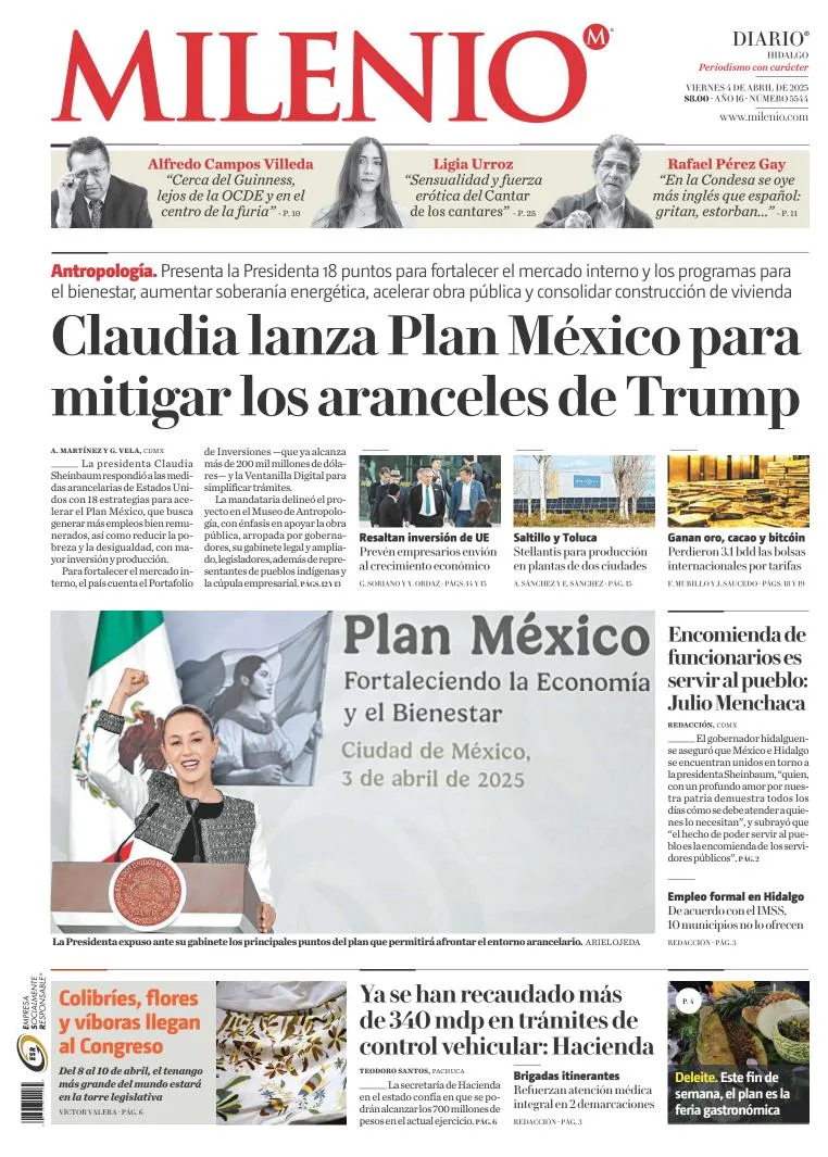 Portada de Milenio Hidalgo del viernes, 4 de abril de 2025