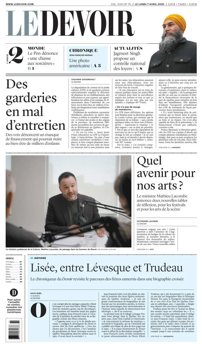 Portada de Le Devoir del lunes, 7 de abril de 2025