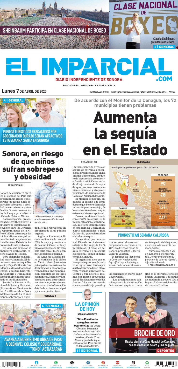 Portada de El Imparcial del lunes, 7 de abril de 2025