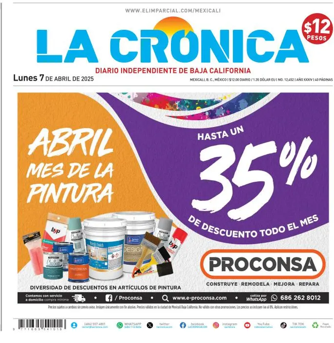 Portada de La Cronica del lunes, 7 de abril de 2025