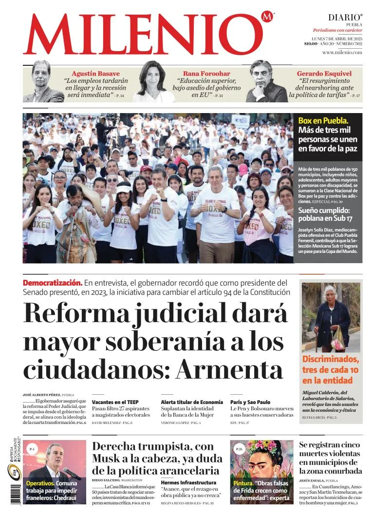 Portada de Milenio Puebla del lunes, 7 de abril de 2025