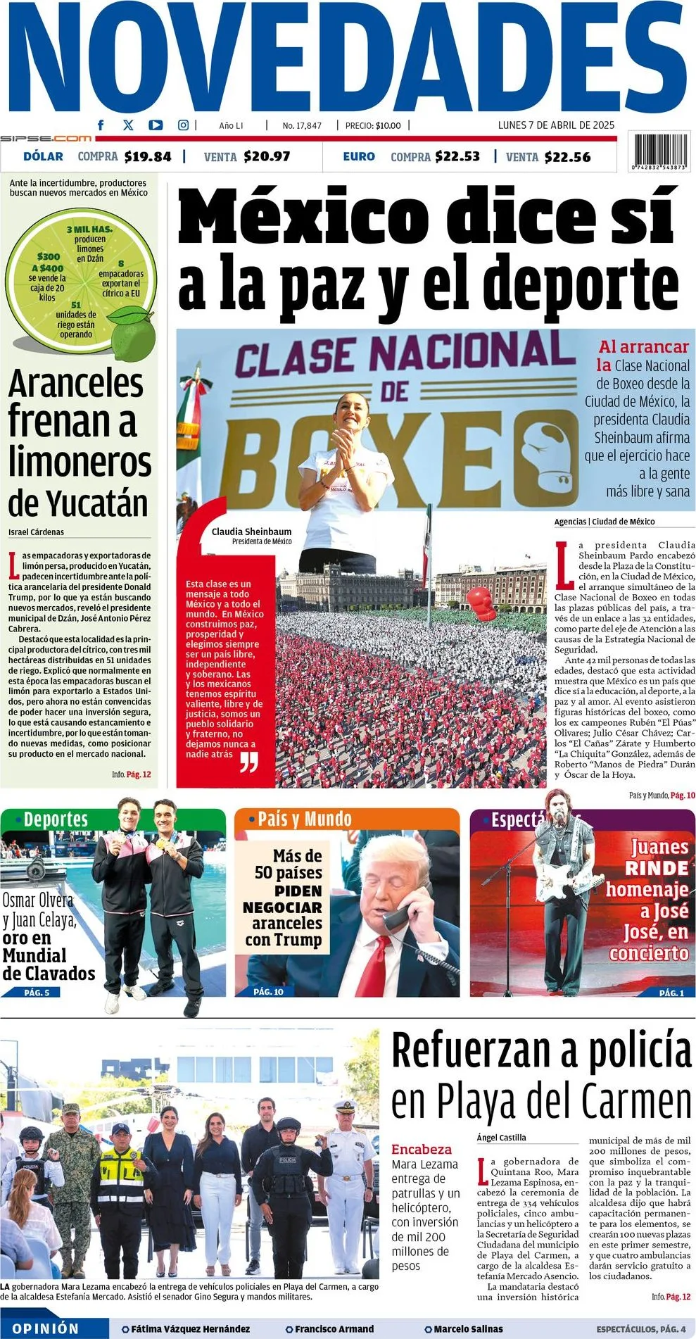 Portada de Novedades Quintana Roo del lunes, 7 de abril de 2025