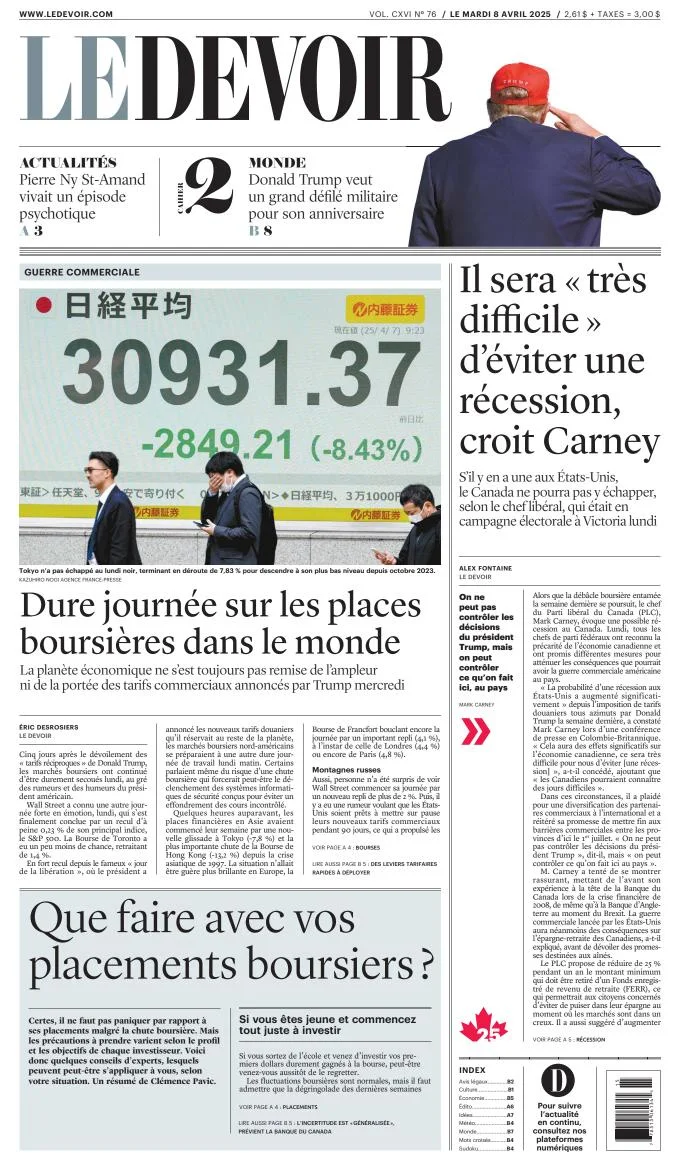 Portada de Le Devoir del martes, 8 de abril de 2025