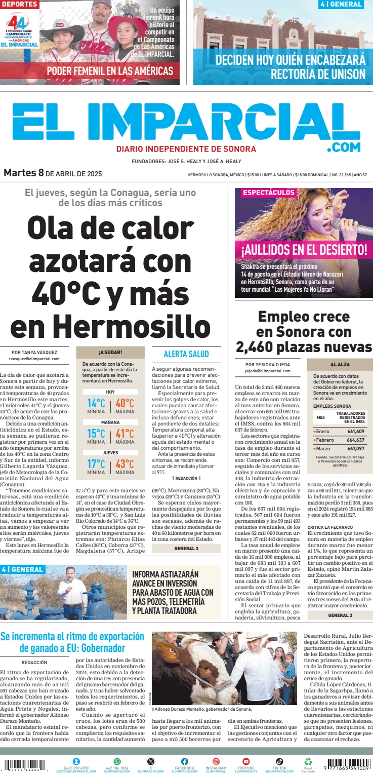 Portada de El Imparcial del martes, 8 de abril de 2025