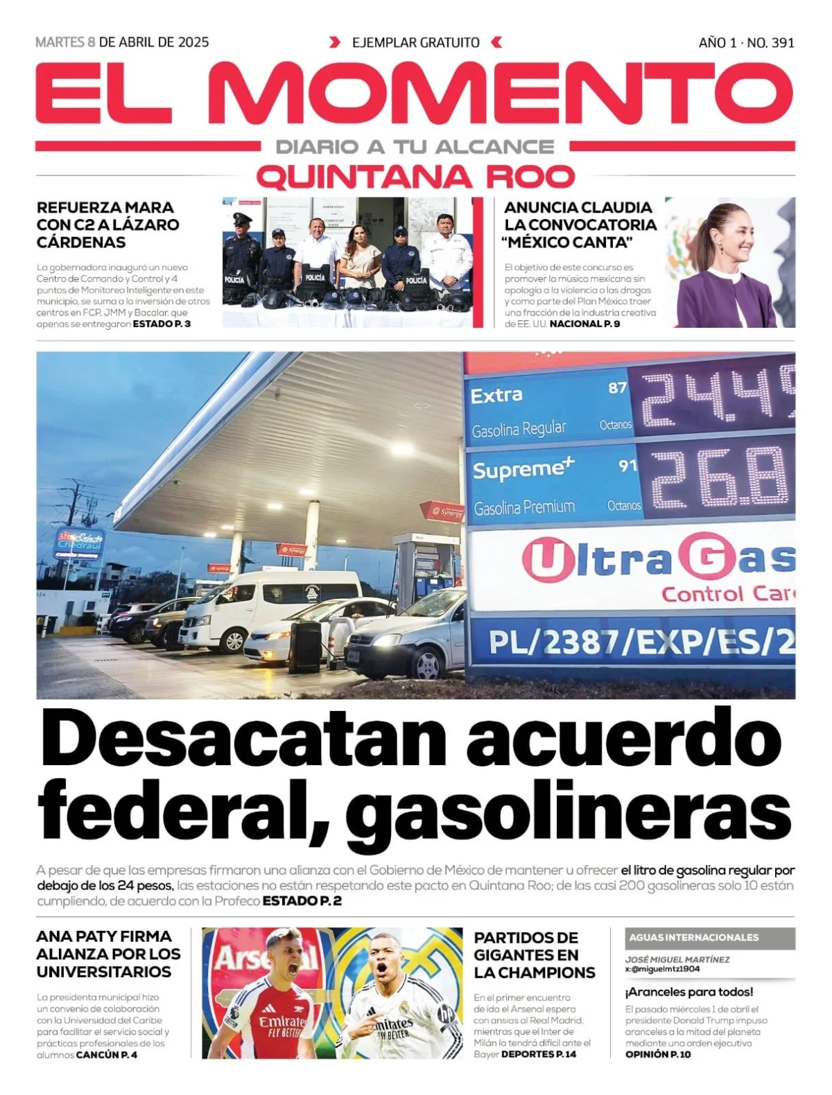 Portada de El Momento Quintana Roo del martes, 8 de abril de 2025