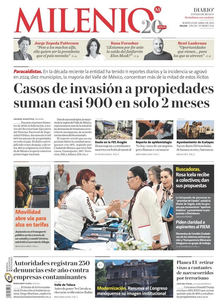 Portada de Milenio Edo de Mexico del martes, 8 de abril de 2025