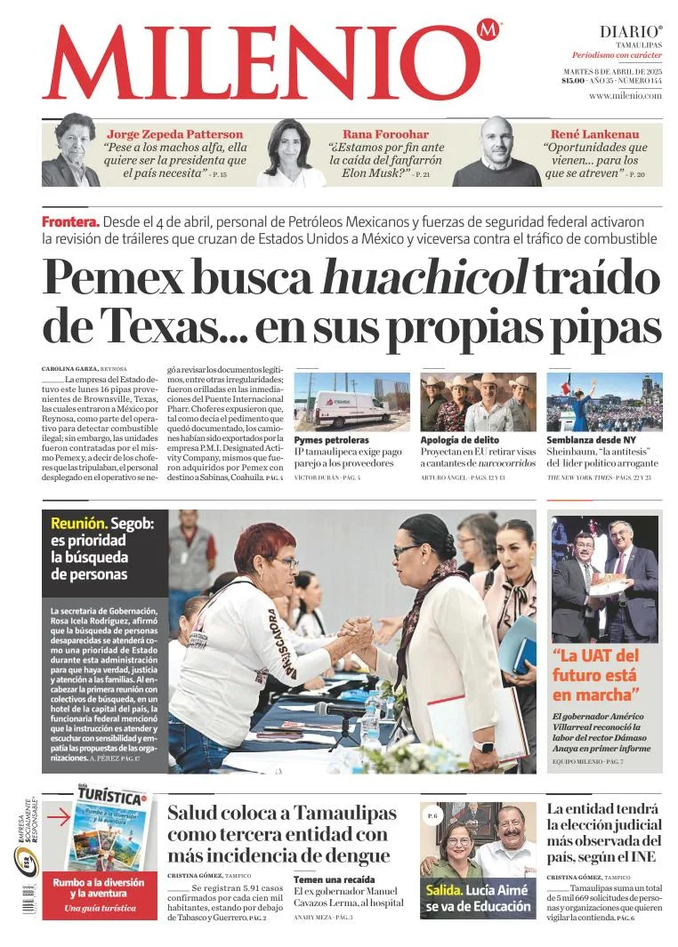 Portada de Milenio Tamaulipas del martes, 8 de abril de 2025