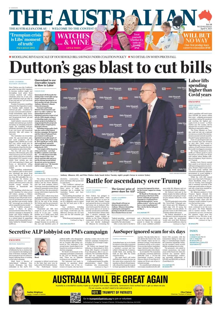Portada de The Australian del miércoles, 9 de abril de 2025