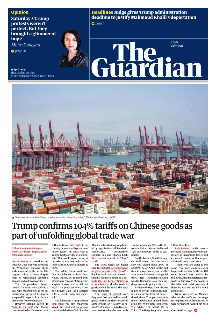 Portada de The Guardian (usa) del miércoles, 9 de abril de 2025