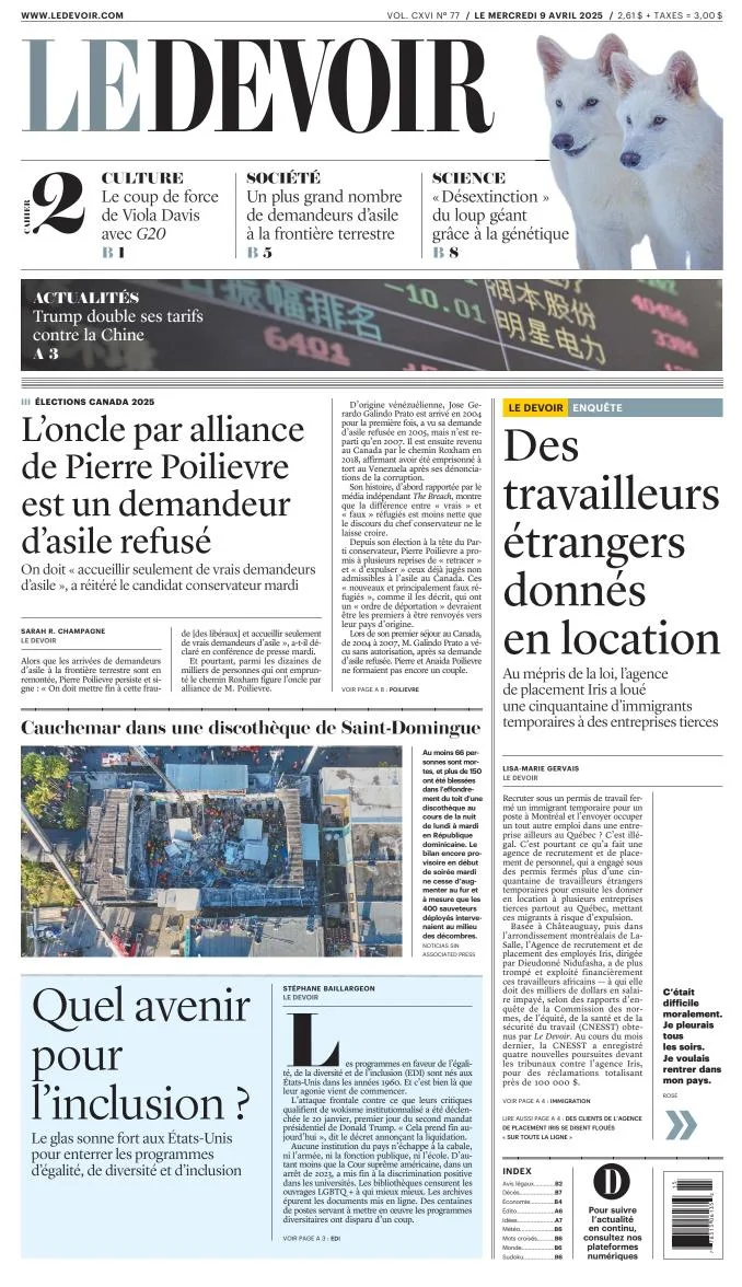 Portada de Le Devoir del miércoles, 9 de abril de 2025