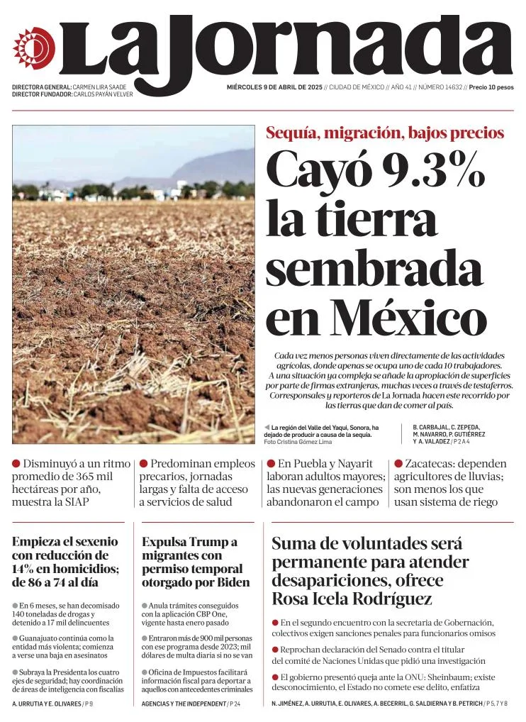 Portada de La Jornada del miércoles, 9 de abril de 2025