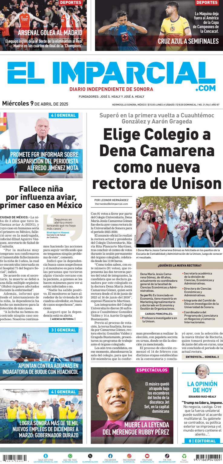 Portada de El Imparcial del miércoles, 9 de abril de 2025