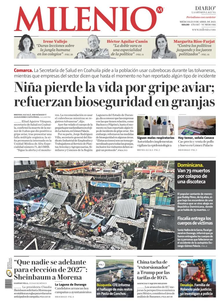 Portada de Milenio Laguna del miércoles, 9 de abril de 2025