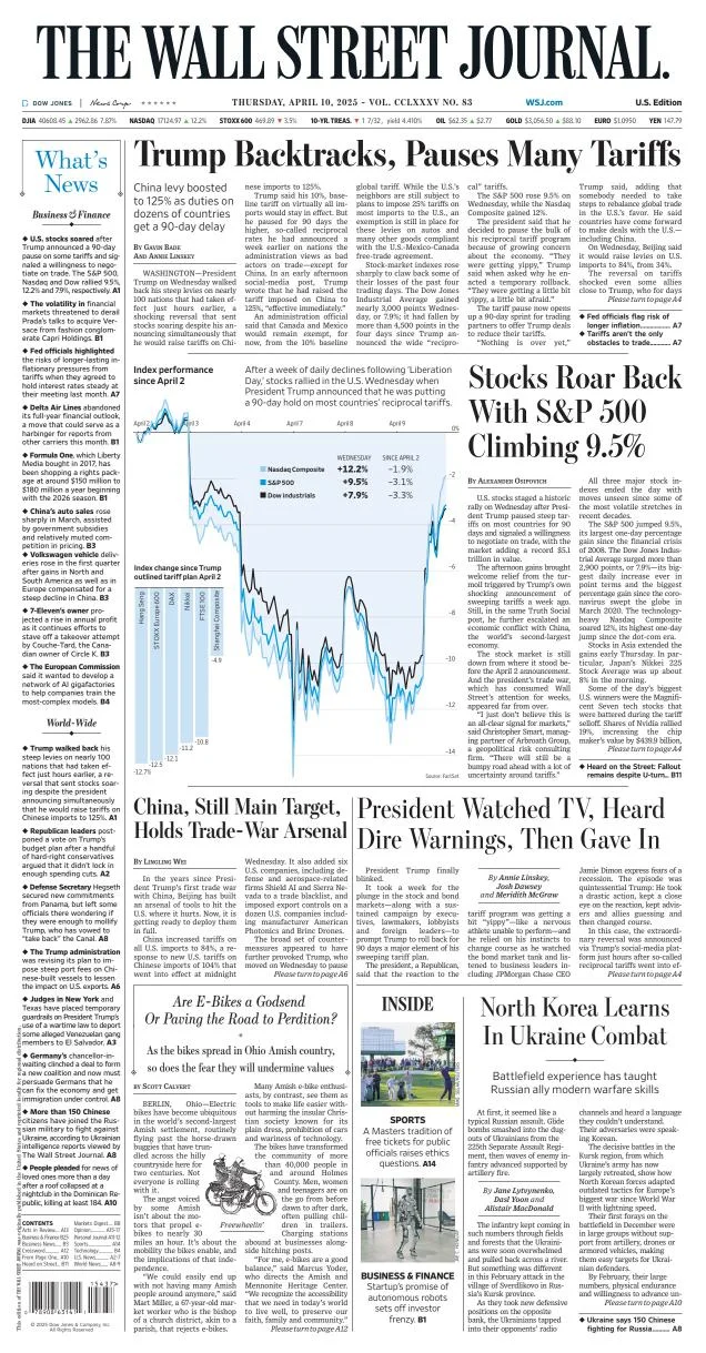Portada de The Wall Street Journal del jueves, 10 de abril de 2025