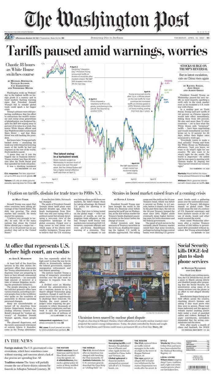 Portada de The Washington Post del jueves, 10 de abril de 2025