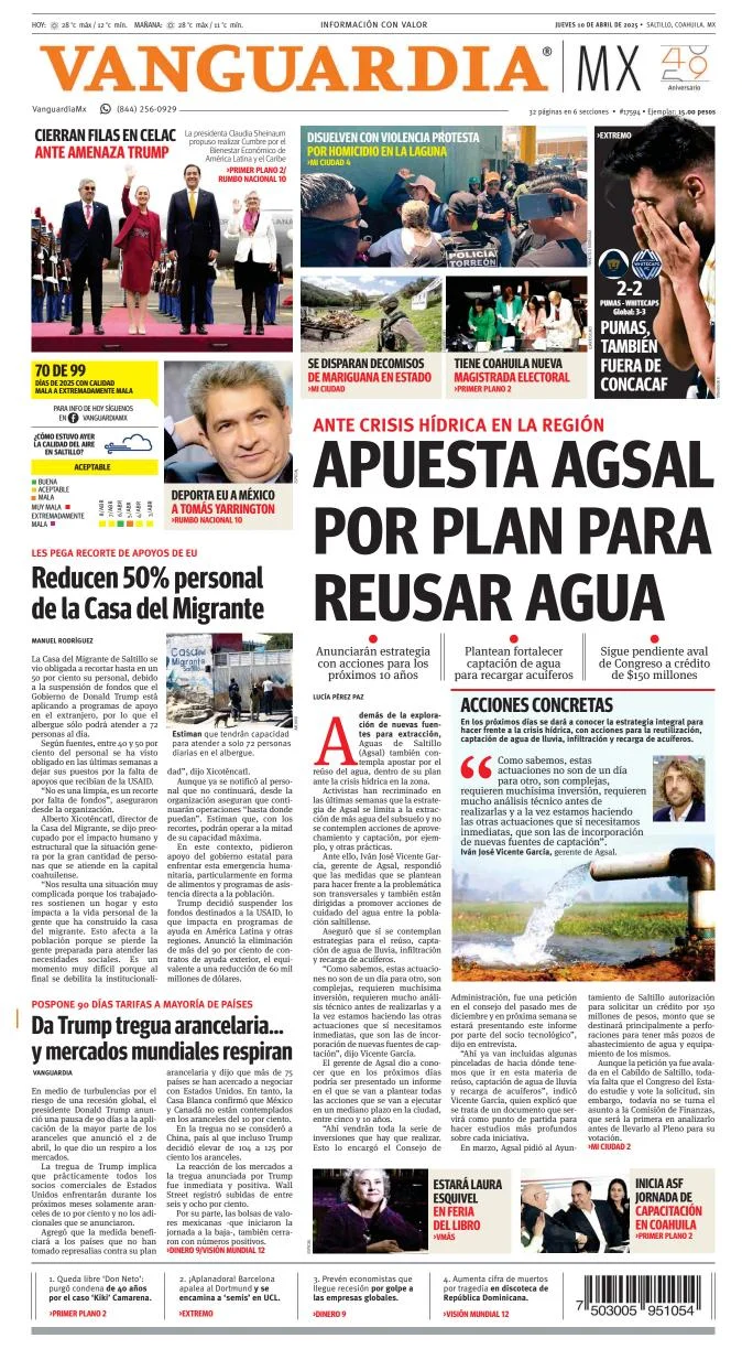Portada de Vanguardia del jueves, 10 de abril de 2025