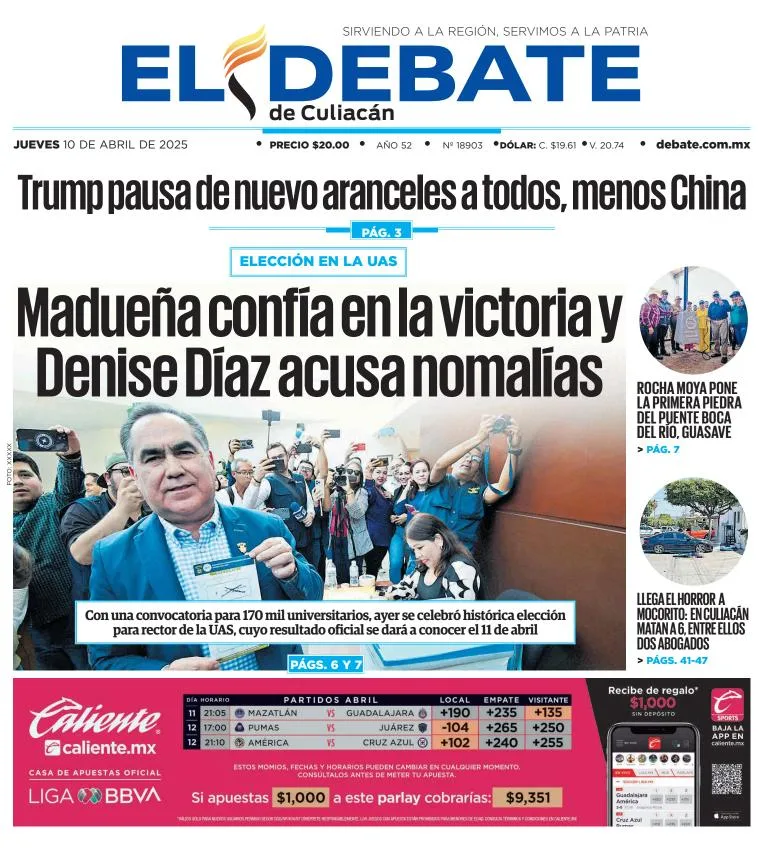 Portada de El Debate de Culiacan del jueves, 10 de abril de 2025