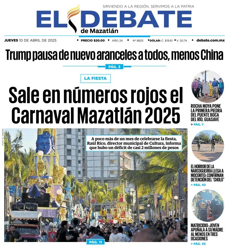 Portada de El Debate de Mazatlan del jueves, 10 de abril de 2025