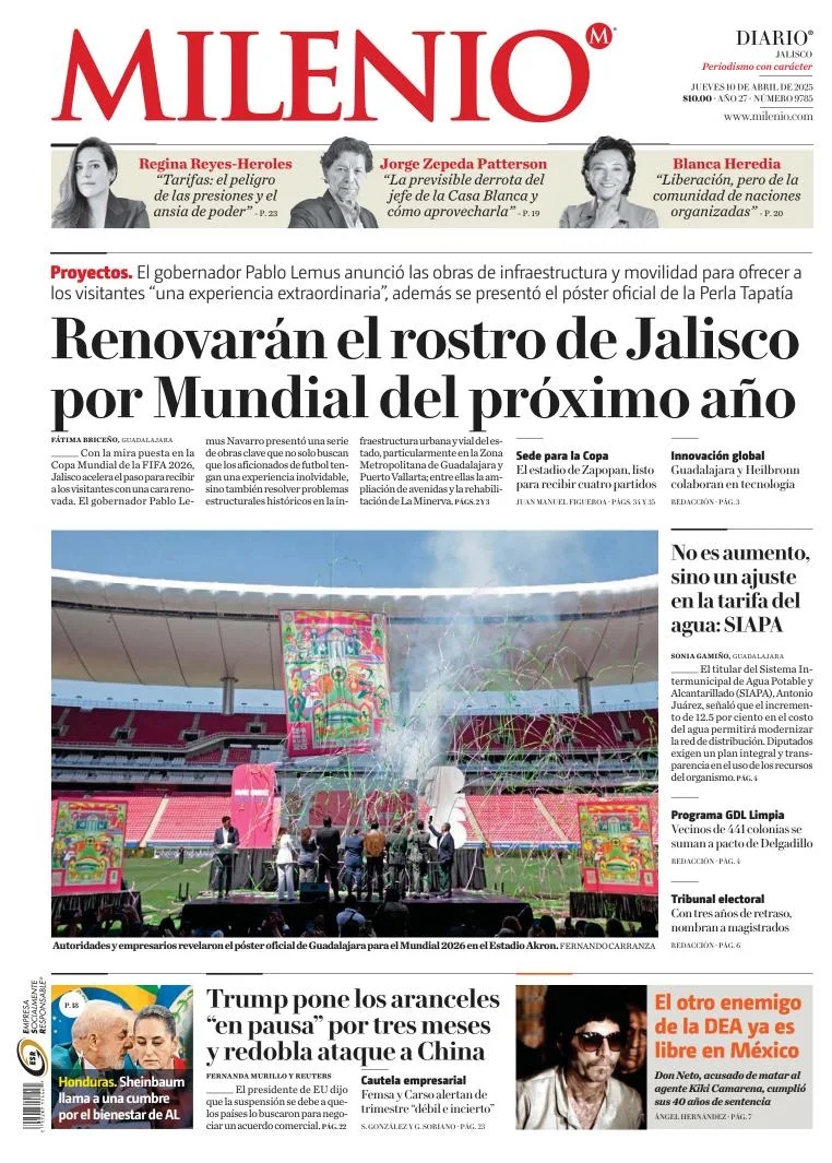 Portada de Milenio Jalisco del jueves, 10 de abril de 2025