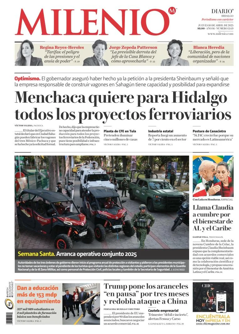 Portada de Milenio Hidalgo del jueves, 10 de abril de 2025