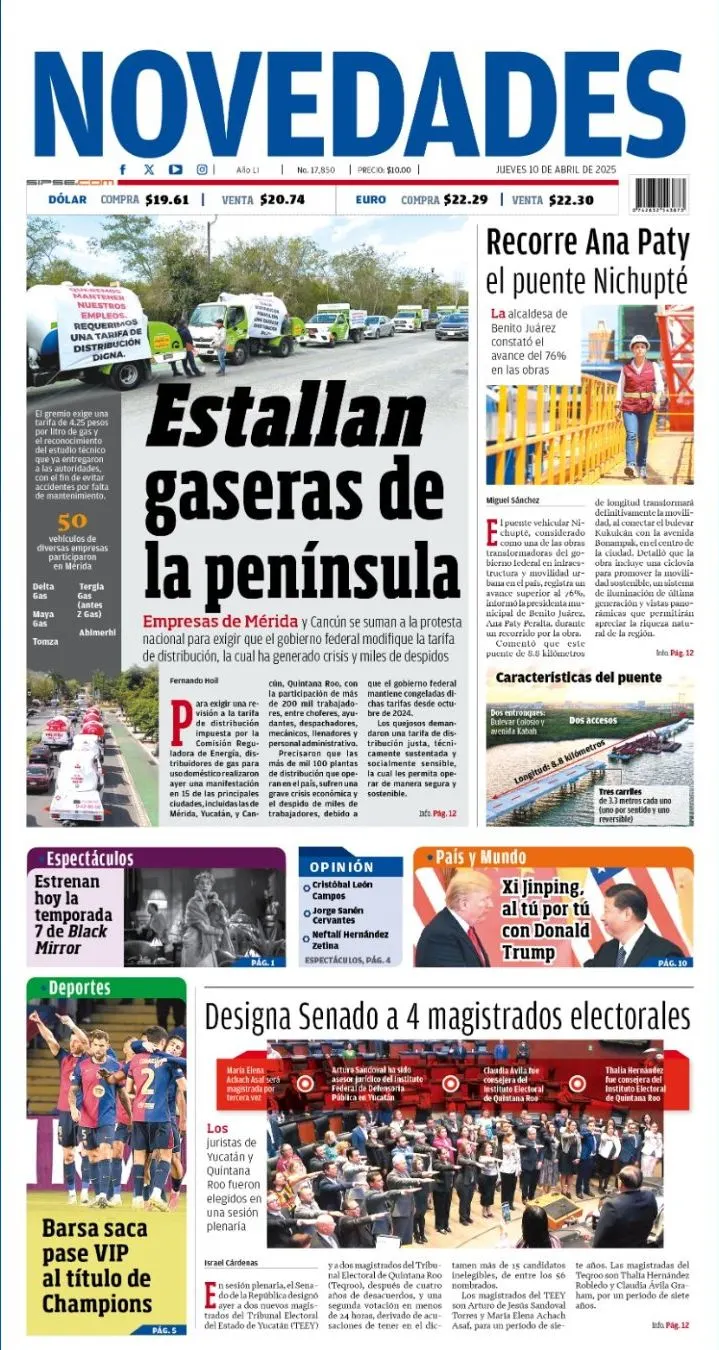 Portada de Novedades Quintana Roo del jueves, 10 de abril de 2025