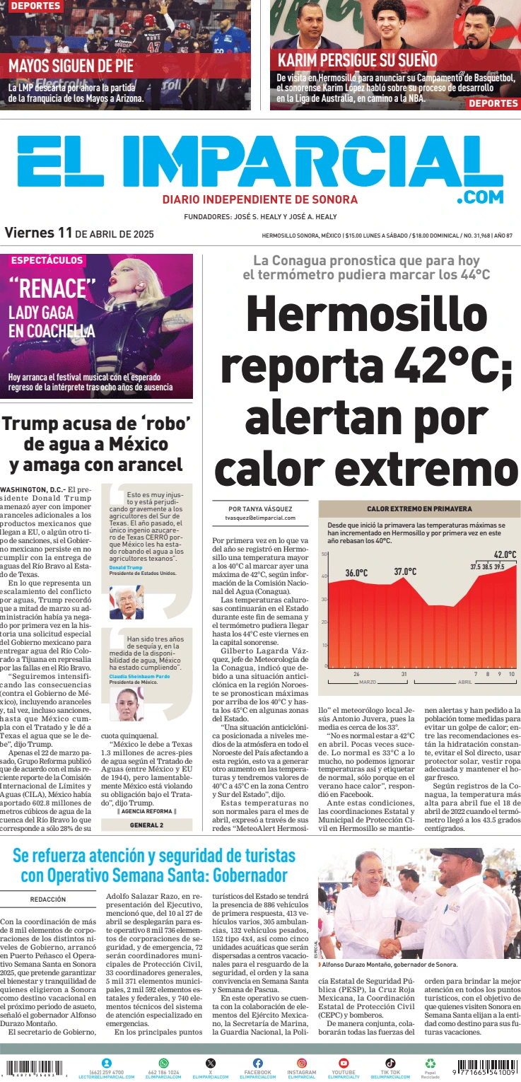 Portada de El Imparcial del viernes, 11 de abril de 2025