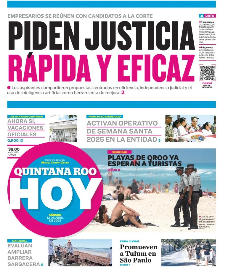 Portada de Quintana Roo Hoy del sábado, 12 de abril de 2025