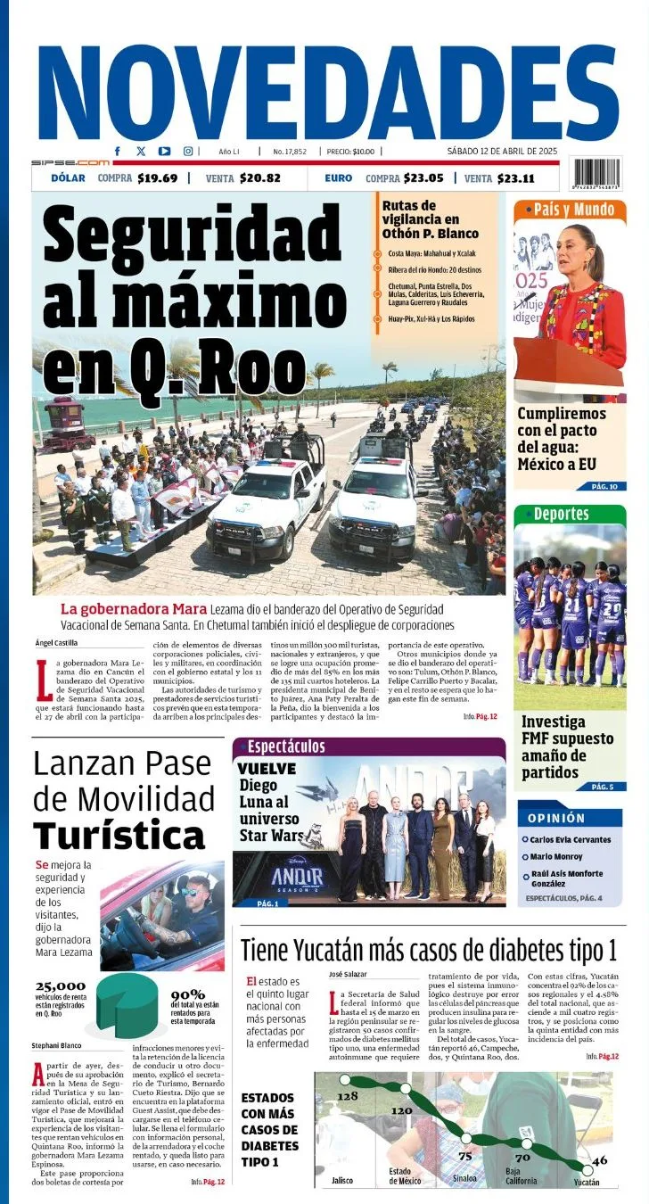 Portada de Novedades Quintana Roo del sábado, 12 de abril de 2025