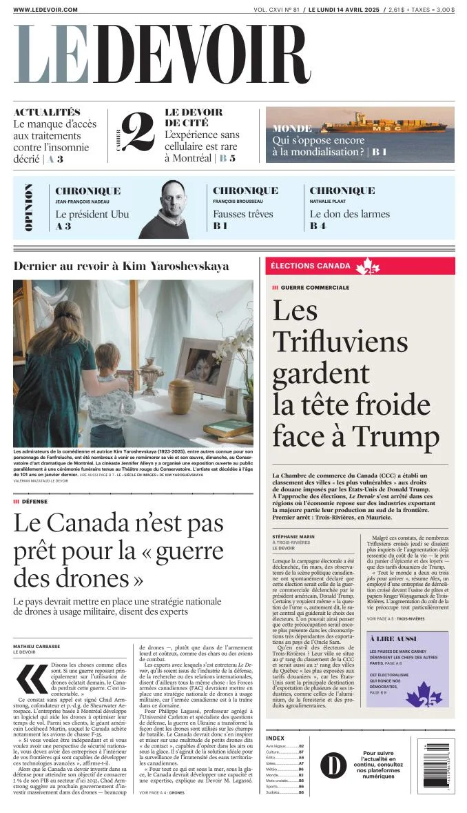 Portada de Le Devoir del lunes, 14 de abril de 2025