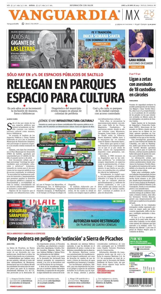 Portada de Vanguardia del lunes, 14 de abril de 2025