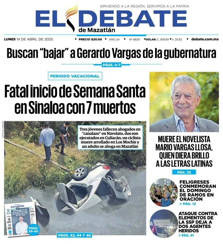 Portada de El Debate de Mazatlan del lunes, 14 de abril de 2025