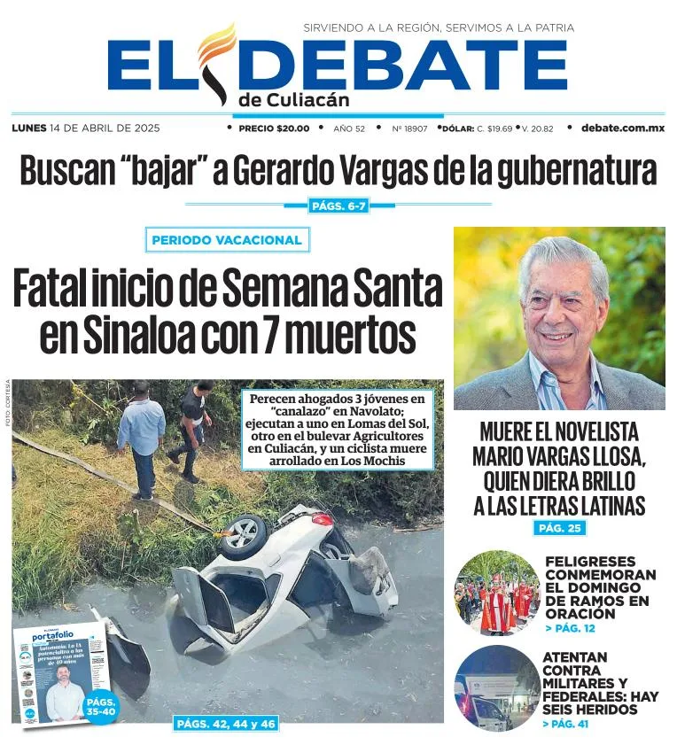 Portada de El Debate de Culiacan del lunes, 14 de abril de 2025