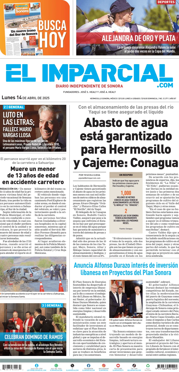 Portada de El Imparcial del lunes, 14 de abril de 2025