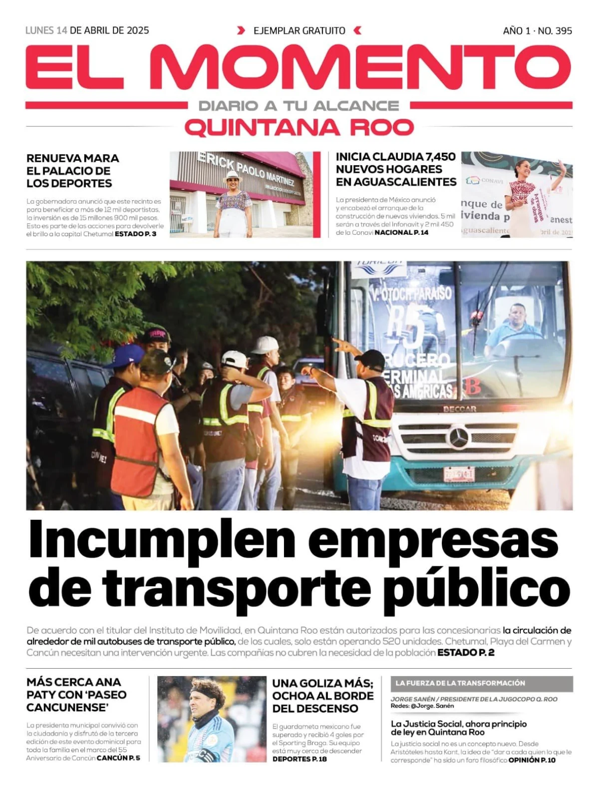 Portada de El Momento Quintana Roo del lunes, 14 de abril de 2025