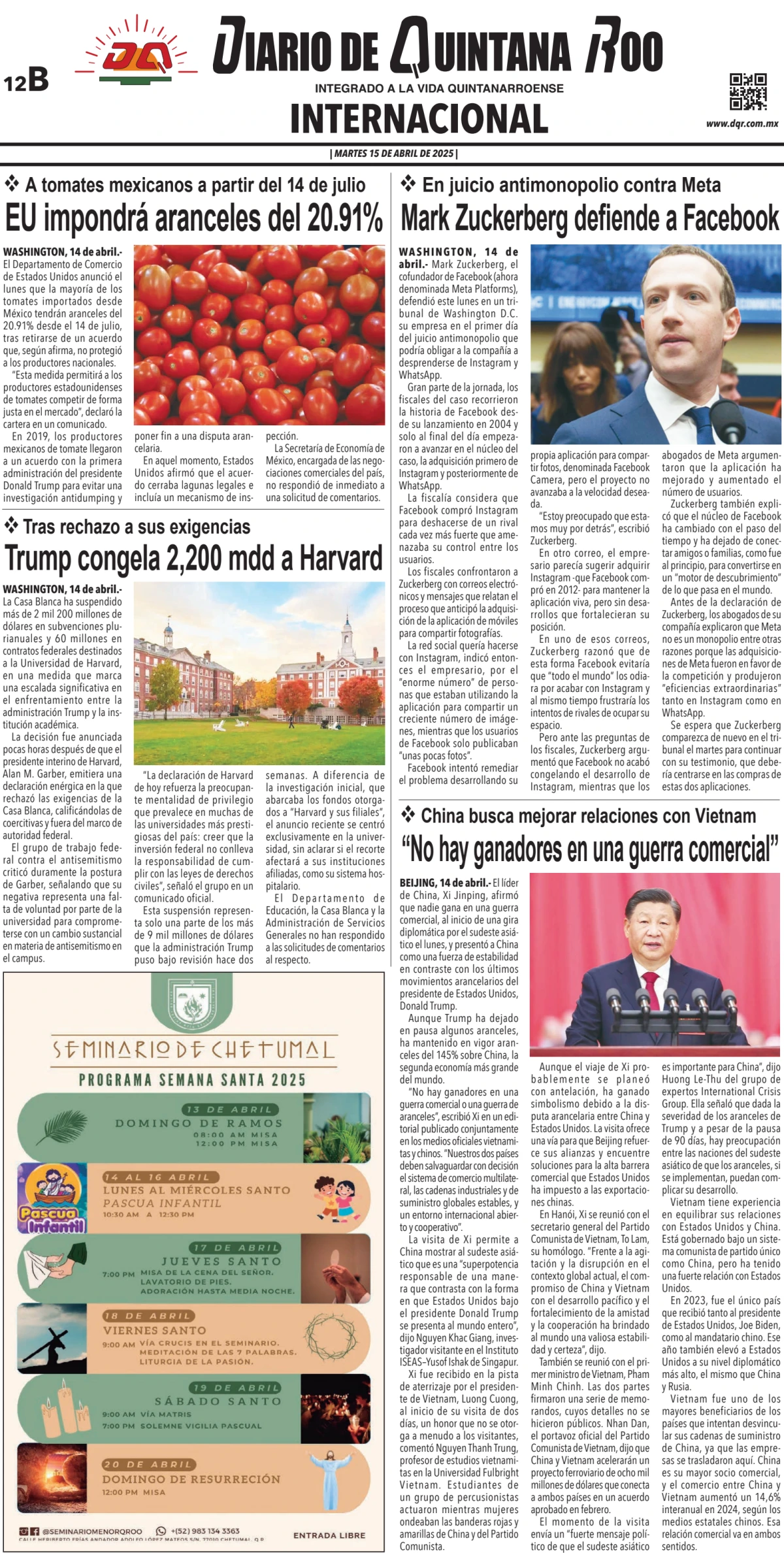 Portada de Diario de Quintana Roo (contra Portada)