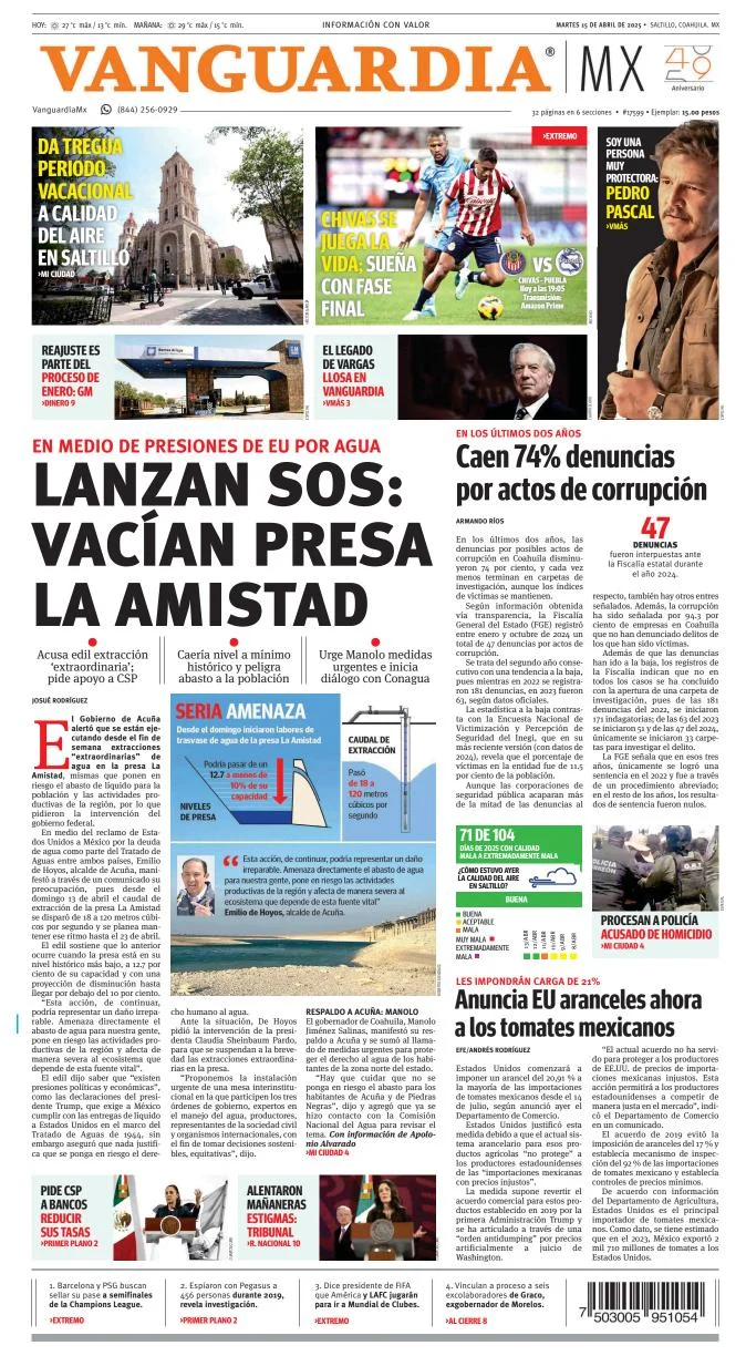 Portada de Vanguardia del martes, 15 de abril de 2025