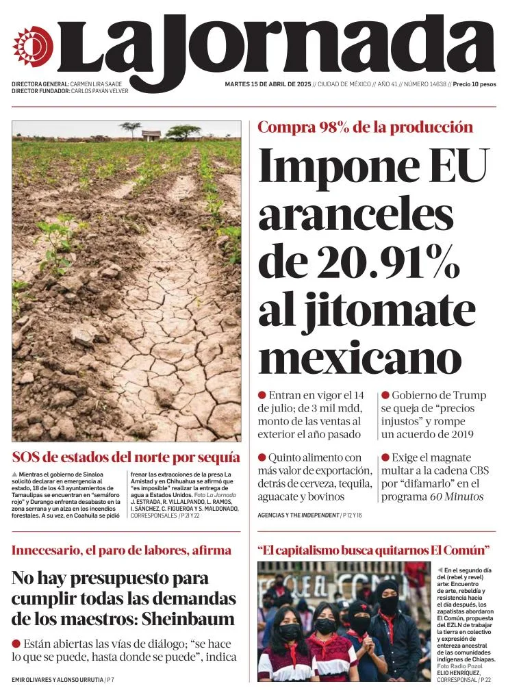 Portada de La Jornada del martes, 15 de abril de 2025