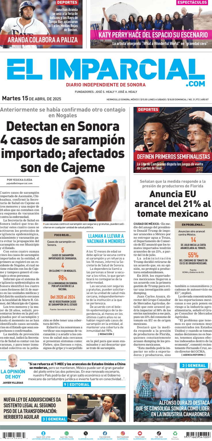 Portada de El Imparcial del martes, 15 de abril de 2025