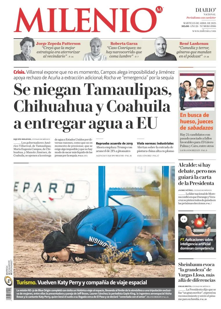 Portada de Milenio del martes, 15 de abril de 2025