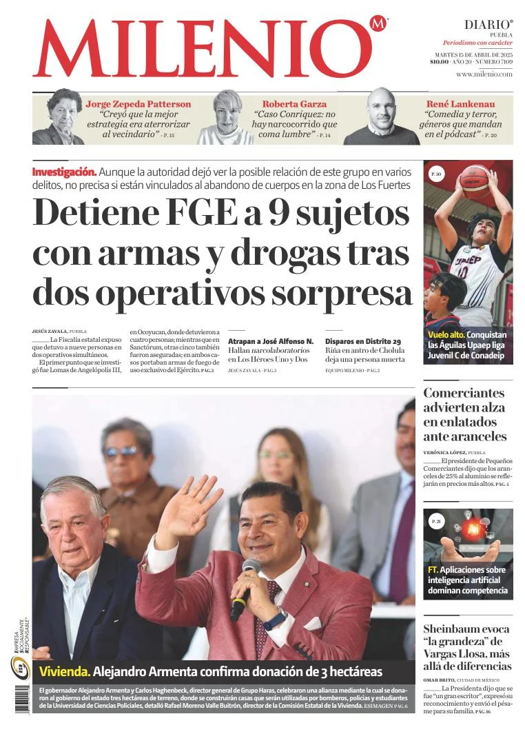 Portada de Milenio Puebla del martes, 15 de abril de 2025