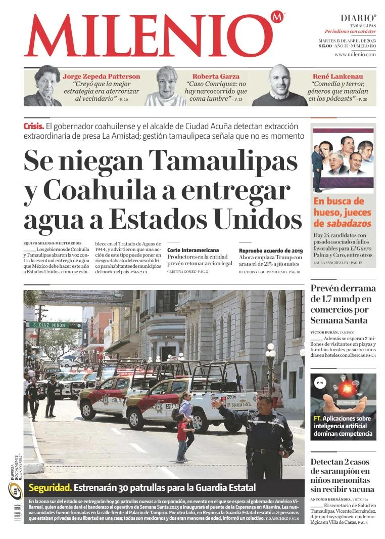 Portada de Milenio Tamaulipas del martes, 15 de abril de 2025